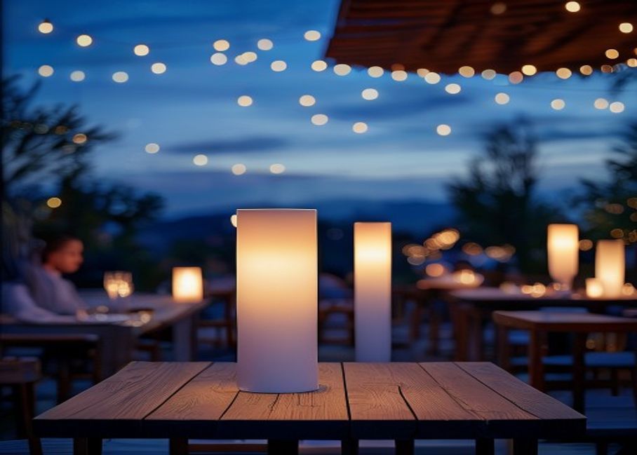 Restaurantterrasse zur blauen Stunde mit LumaCall Leuchten auf jedem Tisch